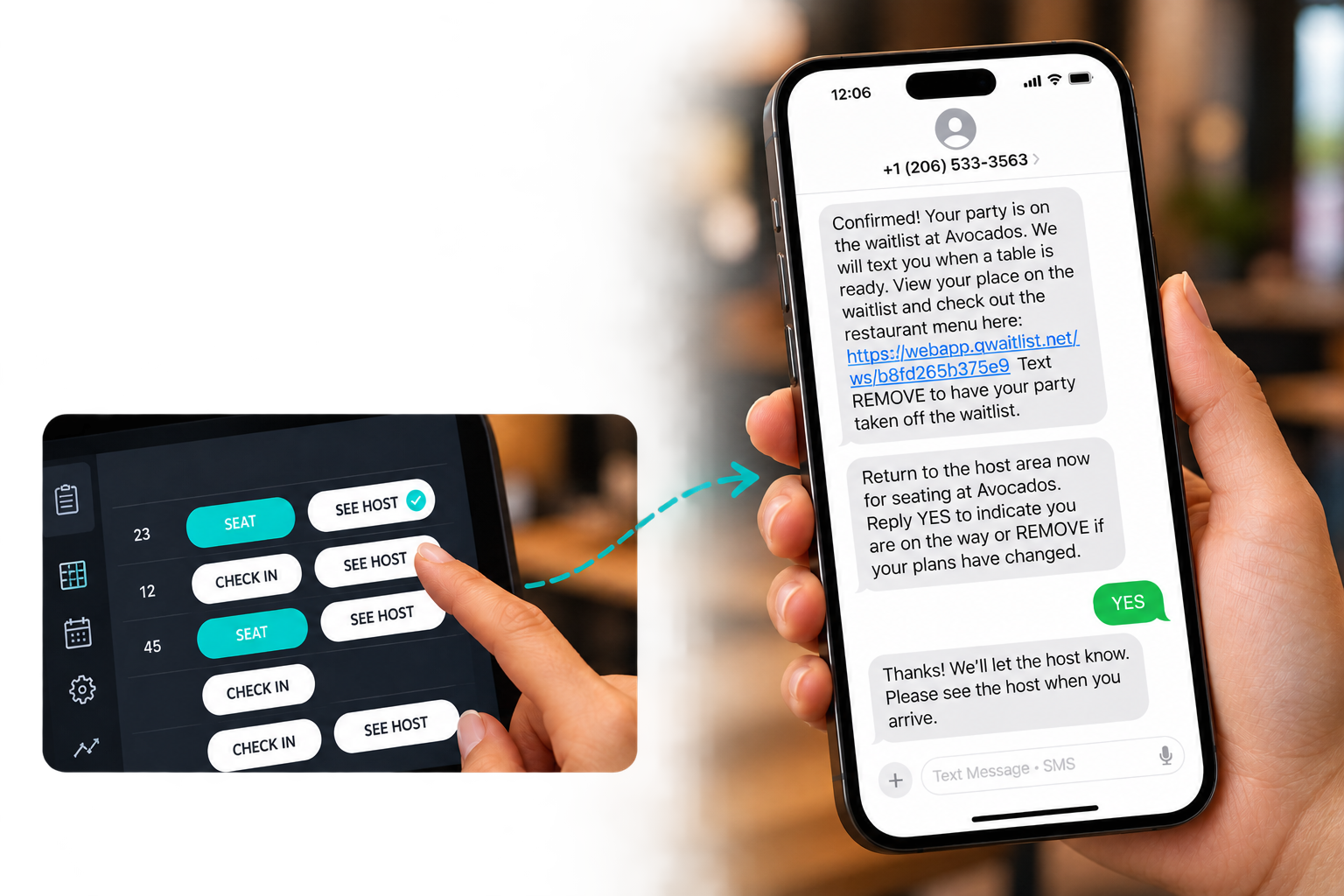 Host taps SEE HOST on Q List iPad triggering an SMS to the guest's phone